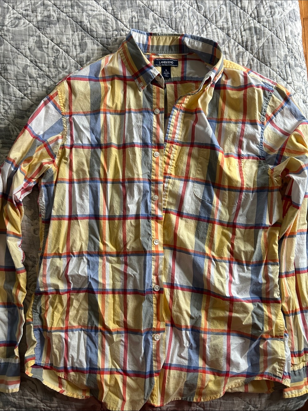 Lands' End Yellow Windowpane Plaid Lightweight Oxford Button Down